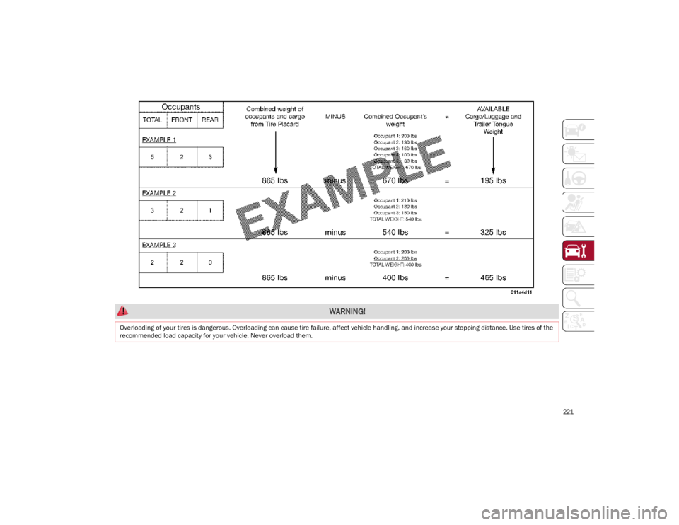 ALFA ROMEO STELVIO 2022  Owners Manual 
221

 WARNING!
Overloading of your tires is dangerous. Overloading can cause tire failure, affect vehicle handling, and increase your stopping distance. Use tires of the 
recommended load capacity fo