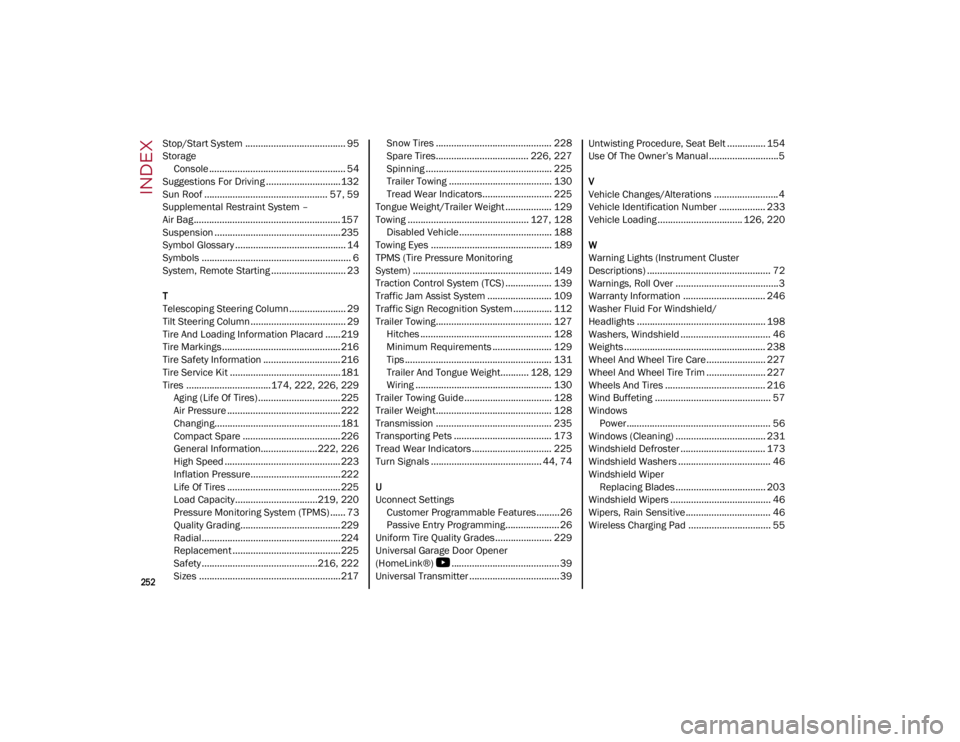 ALFA ROMEO STELVIO 2022  Owners Manual 
252

INDEX
Stop/Start System ....................................... 95
Storage Console ..................................................... 54
Suggestions For Driving .............................1