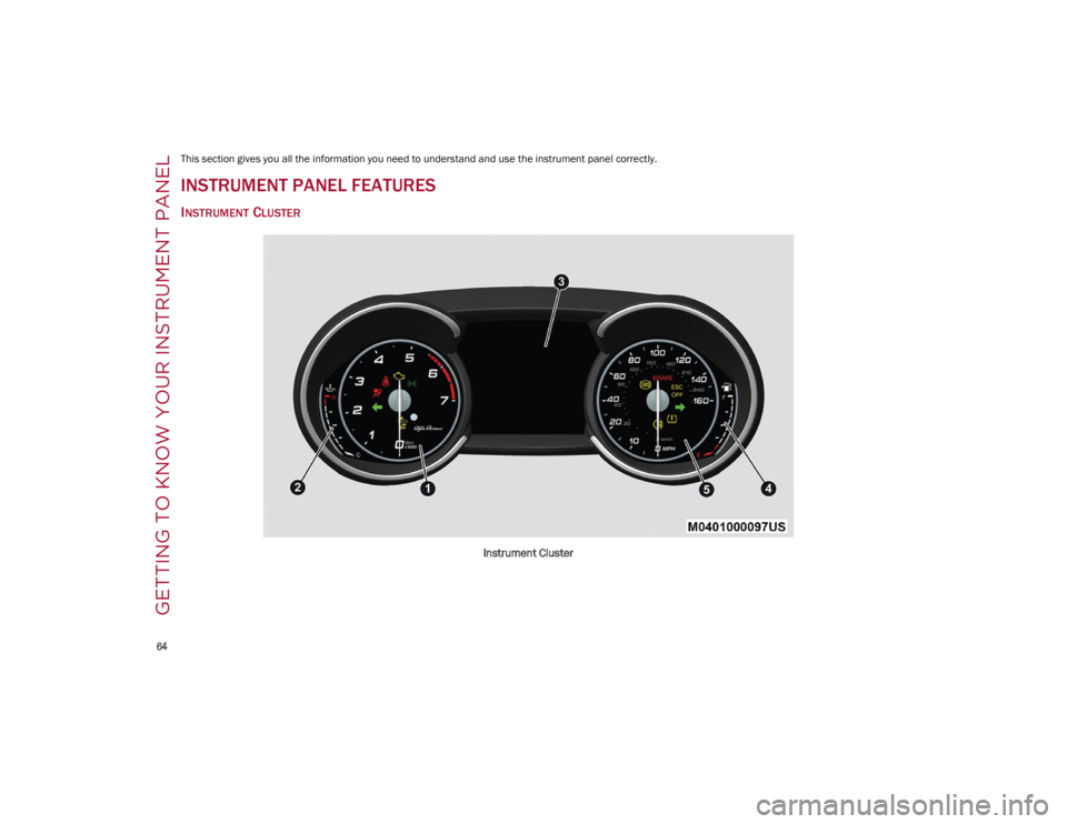 ALFA ROMEO STELVIO 2022 Repair Manual 
64

GETTING TO KNOW YOUR INSTRUMENT PANEL
This section gives you all the information you need to understand and use the instrument panel correctly.
INSTRUMENT PANEL FEATURES 
INSTRUMENT CLUSTER 
Inst