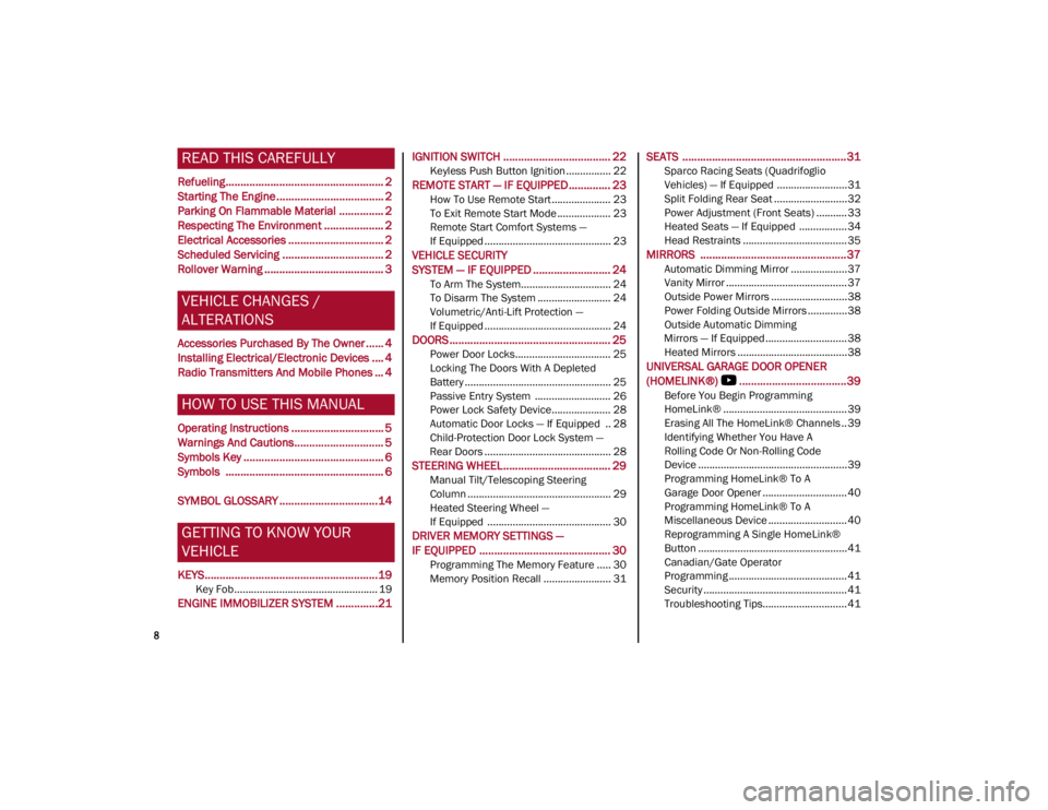 ALFA ROMEO STELVIO 2022  Owners Manual 
8

READ THIS CAREFULLY
Refueling..................................................... 2
Starting The Engine .................................... 2
Parking On Flammable Material ............... 2
Resp