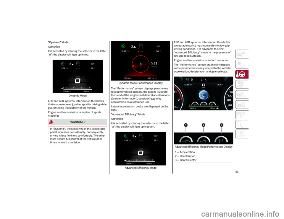 ALFA ROMEO STELVIO 2022 Owners Manual
93
“Dynamic” Mode
Activation
It is activated by rotating the selector to the letter
“d”; the display will light up in red.Dynamic Mode
ESC and ASR systems: intervention thresholds
that ens ALFA ROMEO STELVIO 2022 Owners Manual
93
“Dynamic” Mode
Activation
It is activated by rotating the selector to the letter
“d”; the display will light up in red.Dynamic Mode
ESC and ASR systems: intervention thresholds
that ens