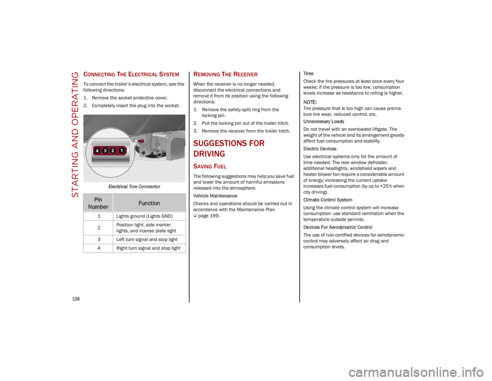 ALFA ROMEO STELVIO 2023 Owners Manual STARTING AND OPERATING
138
CONNECTING THE ELECTRICAL SYSTEM
To connect the trailer’s electrical system, see the
following directions:
1. Remove the socket protective cover.
2. Completely insert t ALFA ROMEO STELVIO 2023 Owners Manual STARTING AND OPERATING
138
CONNECTING THE ELECTRICAL SYSTEM
To connect the trailer’s electrical system, see the
following directions:
1. Remove the socket protective cover.
2. Completely insert t