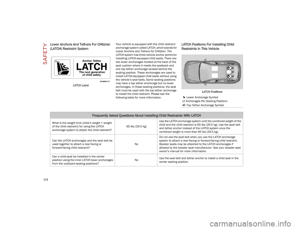 ALFA ROMEO STELVIO 2023 Owners Manual SAFETY
174
Lower Anchors And Tethers For CHildren
(LATCH) Restraint System
LATCH LabelYour vehicle is equipped with the child restraint
anchorage system called LATCH, which stands for
Lower Anch ALFA ROMEO STELVIO 2023 Owners Manual SAFETY
174
Lower Anchors And Tethers For CHildren
(LATCH) Restraint System
LATCH LabelYour vehicle is equipped with the child restraint
anchorage system called LATCH, which stands for
Lower Anch
