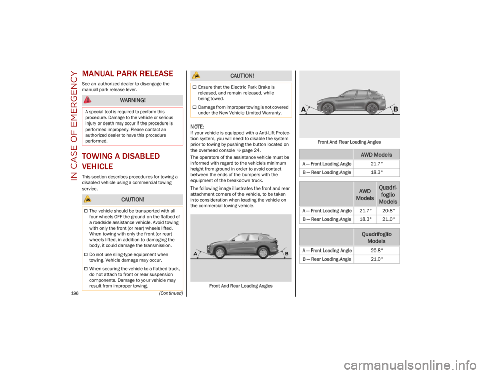 ALFA ROMEO STELVIO 2023 Owners Manual IN CASE OF EMERGENCY
196
(Continued)
MANUAL PARK RELEASE
See an authorized dealer to disengage the
manual park release lever.
TOWING A DISABLED
VEHICLE
This section describes procedures for towing ALFA ROMEO STELVIO 2023 Owners Manual IN CASE OF EMERGENCY
196
(Continued)
MANUAL PARK RELEASE
See an authorized dealer to disengage the
manual park release lever.
TOWING A DISABLED
VEHICLE
This section describes procedures for towing