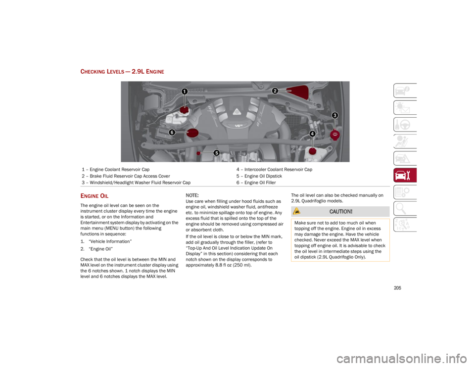 ALFA ROMEO STELVIO 2023 Owners Manual
205
CHECKING LEVELS — 2.9L ENGINE
ENGINE OIL
The engine oil level can be seen on the
instrument cluster display every time the engine
is started, or on the Information and
Entertainment system ALFA ROMEO STELVIO 2023 Owners Manual
205
CHECKING LEVELS — 2.9L ENGINE
ENGINE OIL
The engine oil level can be seen on the
instrument cluster display every time the engine
is started, or on the Information and
Entertainment system