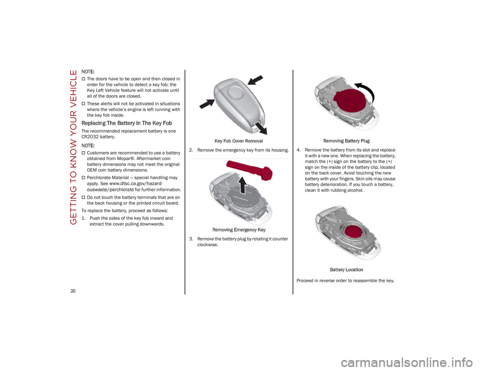 ALFA ROMEO STELVIO 2023  Owners Manual GETTING TO KNOW YOUR VEHICLE

20

NOTE:

The doors have to be open and then closed in 
order for the vehicle to detect a key fob; the 
Key Left Vehicle feature will not activate until 
all of the d