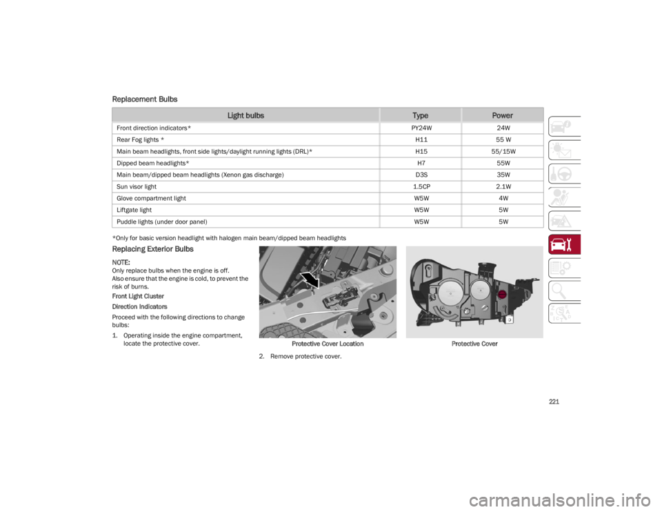 ALFA ROMEO STELVIO 2023 Owners Manual
221
Replacement Bulbs
*Only for basic version headlight with halogen main beam/dipped beam headlights
Replacing Exterior Bulbs
NOTE:
Only replace bulbs when the engine is off.
Also ensure that the ALFA ROMEO STELVIO 2023 Owners Manual
221
Replacement Bulbs
*Only for basic version headlight with halogen main beam/dipped beam headlights
Replacing Exterior Bulbs
NOTE:
Only replace bulbs when the engine is off.
Also ensure that the