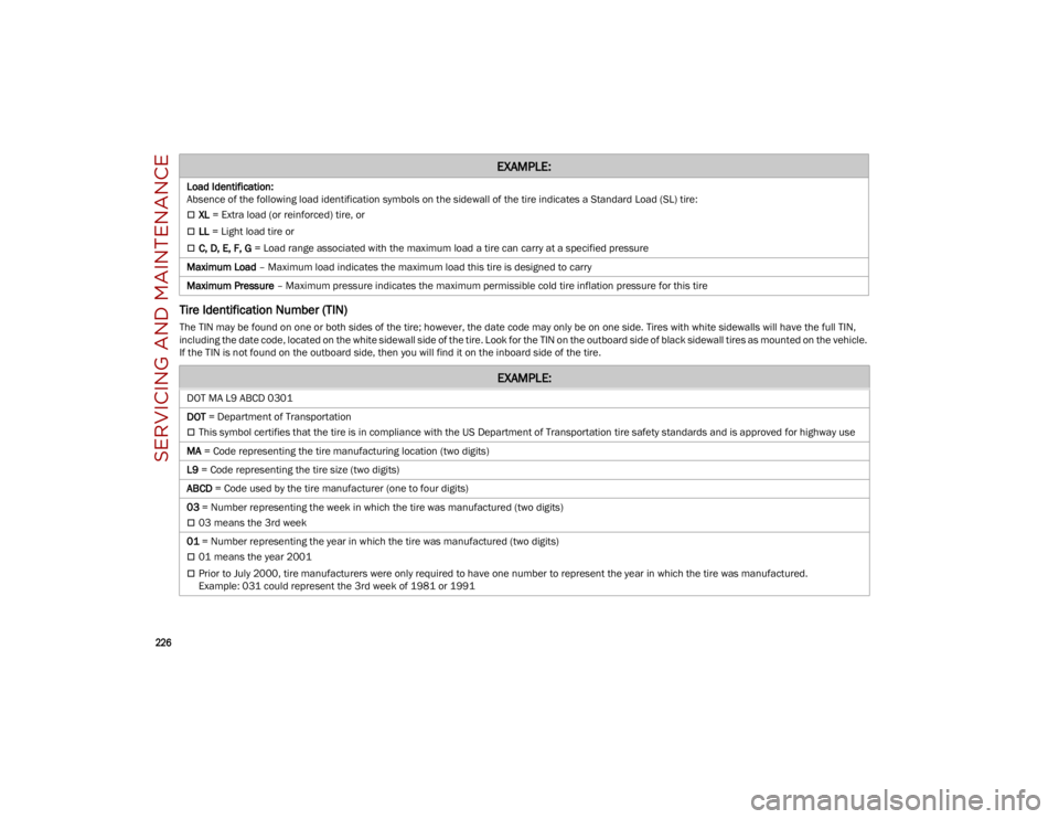 ALFA ROMEO STELVIO 2023 Owners Manual SERVICING AND MAINTENANCE
226
Tire Identification Number (TIN)
The TIN may be found on one or both sides of the tire; however, the date code may only be on one side. Tires with white sidewalls will ALFA ROMEO STELVIO 2023 Owners Manual SERVICING AND MAINTENANCE
226
Tire Identification Number (TIN)
The TIN may be found on one or both sides of the tire; however, the date code may only be on one side. Tires with white sidewalls will