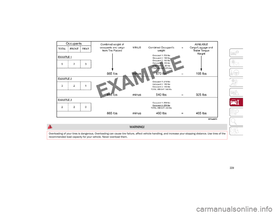 ALFA ROMEO STELVIO 2023 Owners Manual
229
WARNING!
Overloading of your tires is dangerous. Overloading can cause tire failure, affect vehicle handling, and increase your stopping distance. Use tires of the
recommended load capacity fo ALFA ROMEO STELVIO 2023 Owners Manual
229
WARNING!
Overloading of your tires is dangerous. Overloading can cause tire failure, affect vehicle handling, and increase your stopping distance. Use tires of the
recommended load capacity fo