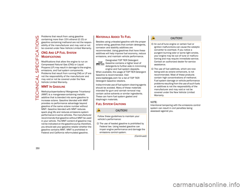ALFA ROMEO STELVIO 2023  Owners Manual TECHNICAL SPECIFICATIONS

250

(Continued)
Problems that result from using gasoline 
containing more than 15% ethanol (E-15) or 
gasoline containing methanol are not the respon
-
sibility of the manuf