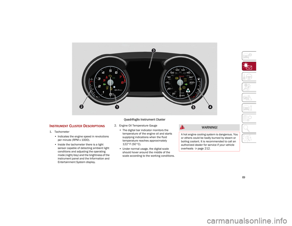 ALFA ROMEO STELVIO 2023 Manual PDF
69
Quadrifoglio Instrument Cluster
INSTRUMENT CLUSTER DESCRIPTIONS
1. Tachometer•Indicates the engine speed in revolutions
per minute (RPM x 1000).
• Inside the tachometer there is a light
sens ALFA ROMEO STELVIO 2023 Manual PDF
69
Quadrifoglio Instrument Cluster
INSTRUMENT CLUSTER DESCRIPTIONS
1. Tachometer•Indicates the engine speed in revolutions
per minute (RPM x 1000).
• Inside the tachometer there is a light
sens