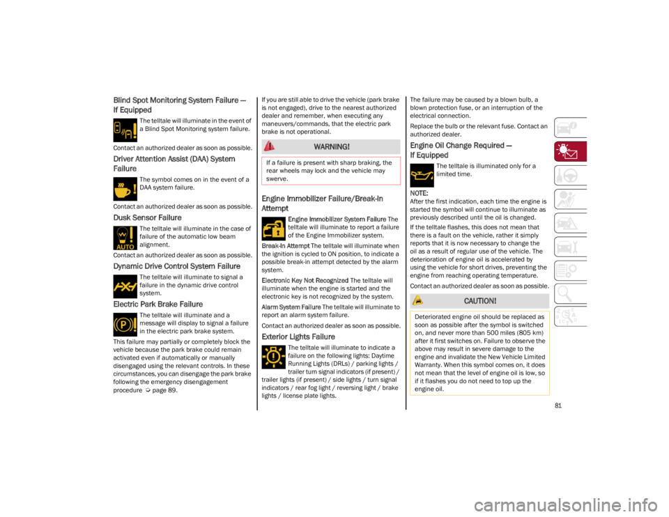 ALFA ROMEO STELVIO 2023  Owners Manual 
81

Blind Spot Monitoring System Failure —
If Equipped
The telltale will illuminate in the event of 
a Blind Spot Monitoring system failure.
Contact an authorized dealer as soon as possible.
Driver