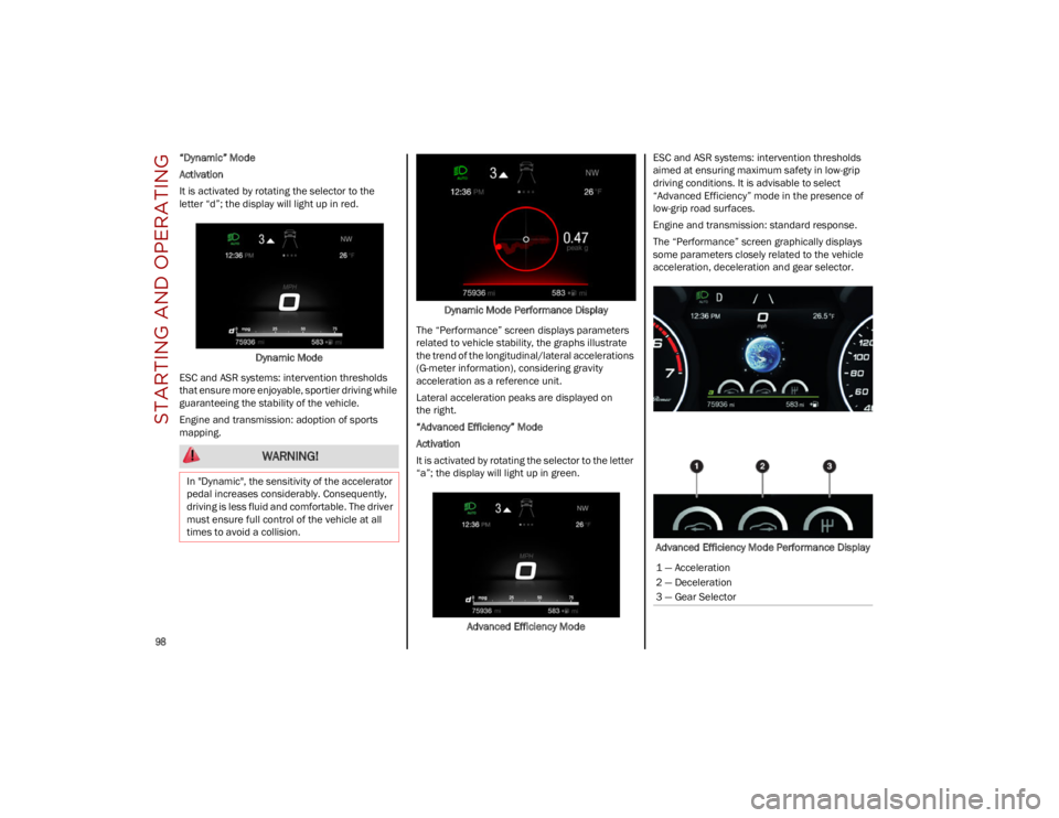 ALFA ROMEO STELVIO 2023 Owners Manual STARTING AND OPERATING
98
“Dynamic” Mode
Activation
It is activated by rotating the selector to the
letter “d”; the display will light up in red.Dynamic Mode
ESC and ASR systems: interventio ALFA ROMEO STELVIO 2023 Owners Manual STARTING AND OPERATING
98
“Dynamic” Mode
Activation
It is activated by rotating the selector to the
letter “d”; the display will light up in red.Dynamic Mode
ESC and ASR systems: interventio