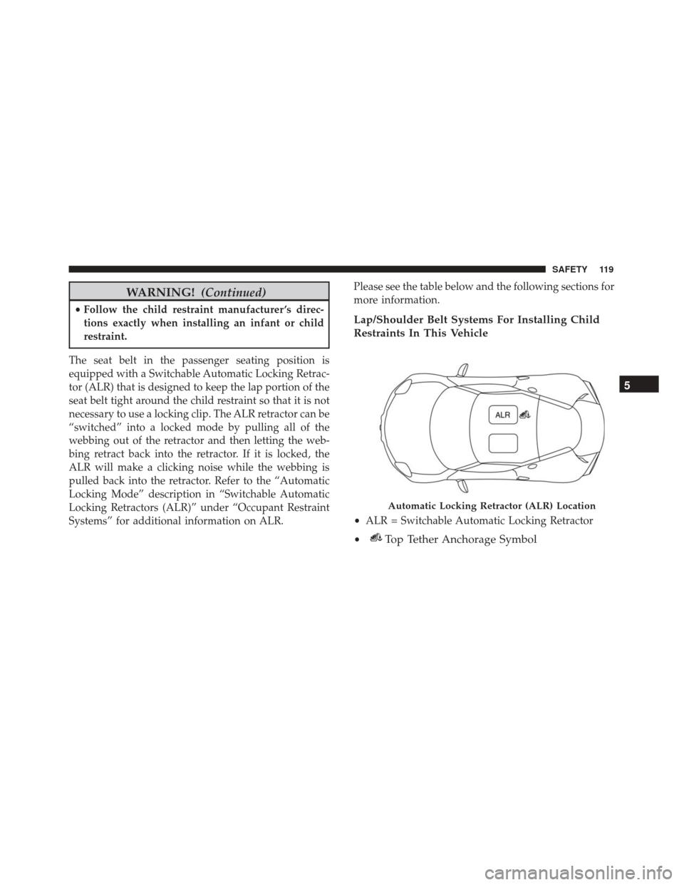 Alfa Romeo 4C 2018  Owners Manual WARNING!(Continued)
•Follow the child restraint manufacturer ’s direc-
tions exactly when installing an infant or child
restraint.
The seat belt in the passenger seating position is
equipped with 