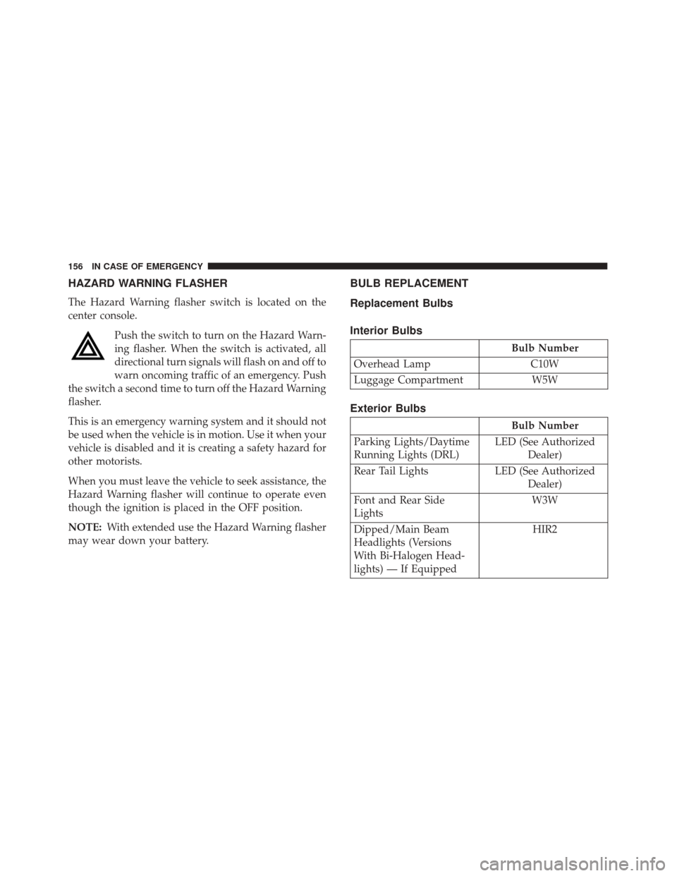 Alfa Romeo 4C 2018  Owners Manual HAZARD WARNING FLASHER
The Hazard Warning flasher switch is located on the
center console.Push the switch to turn on the Hazard Warn-
ing flasher. When the switch is activated, all
directional turn si