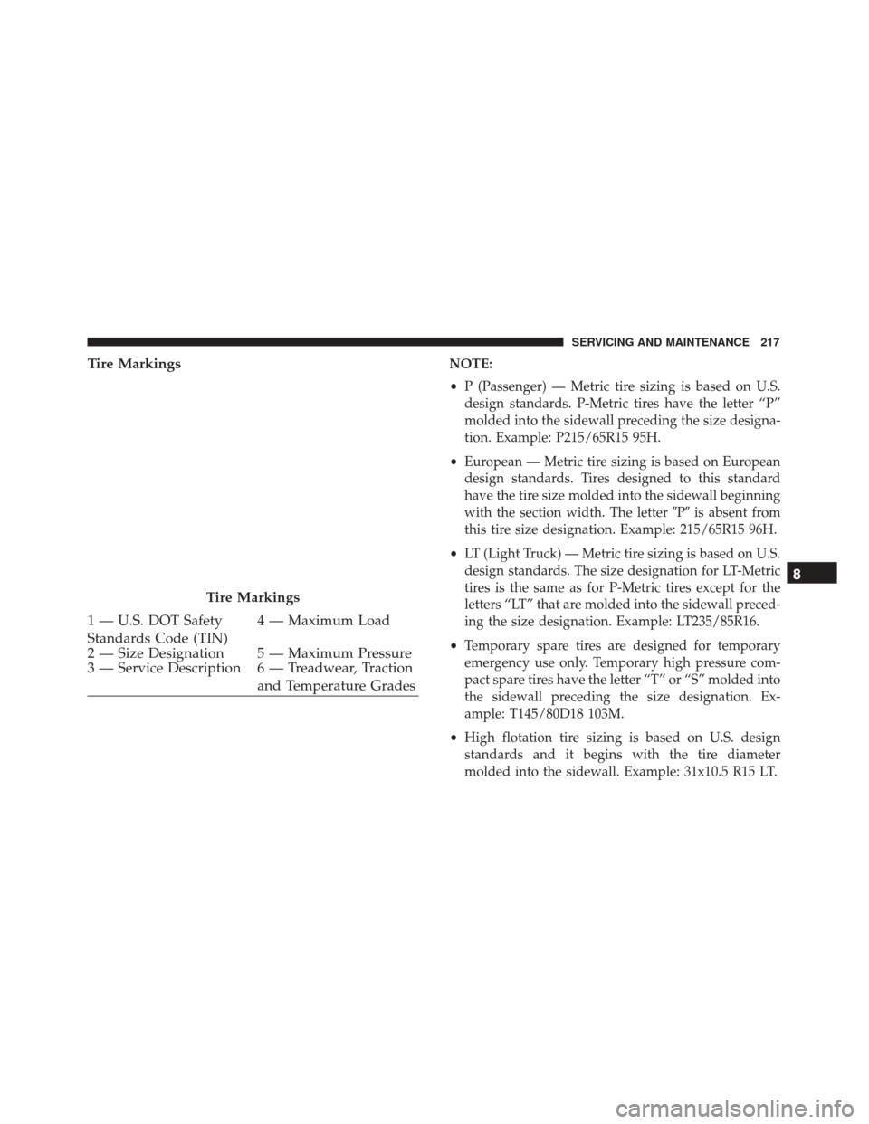 Alfa Romeo 4C 2018  Owners Manual Tire MarkingsNOTE:
•P (Passenger) — Metric tire sizing is based on U.S.
design standards. P-Metric tires have the letter “P”
molded into the sidewall preceding the size designa-
tion. Example: