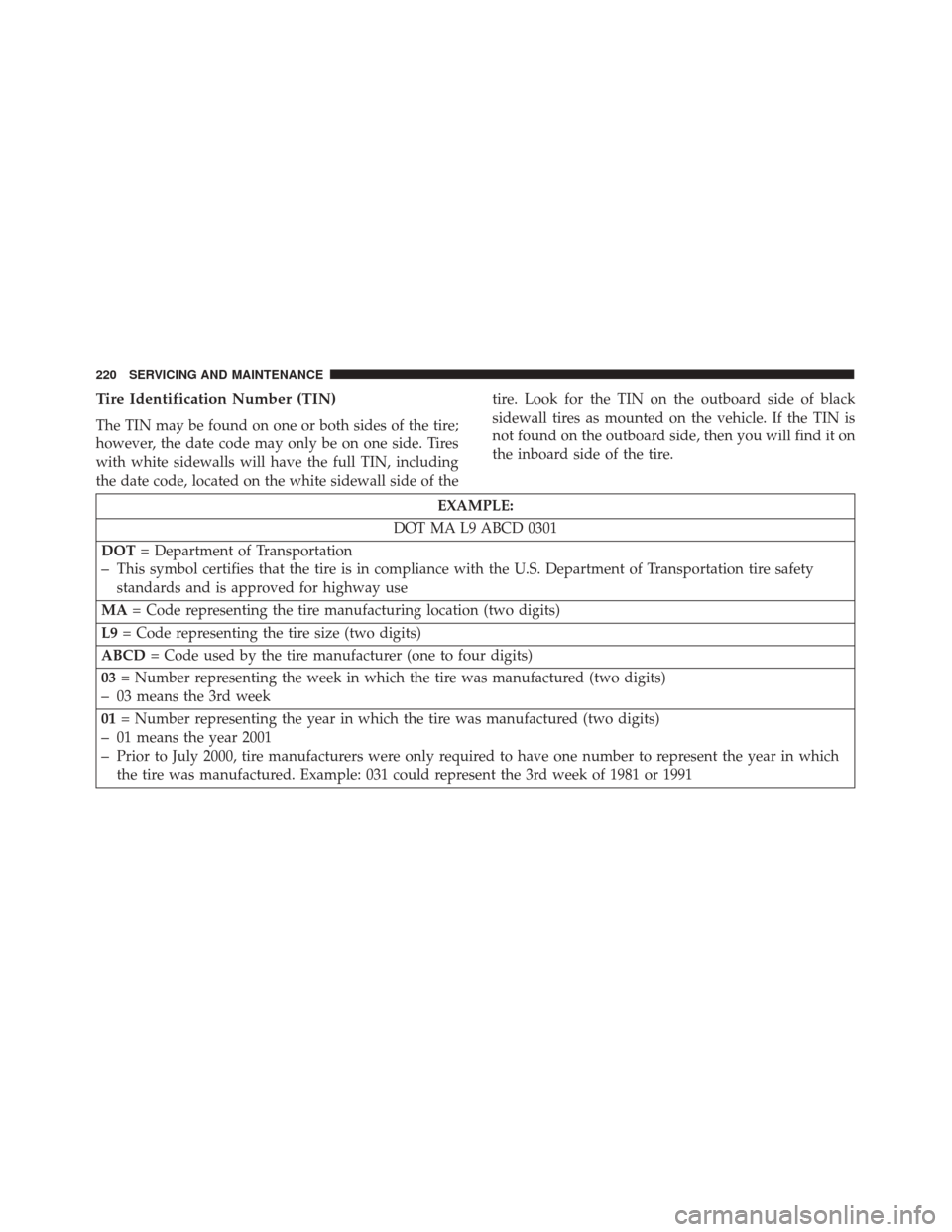 Alfa Romeo 4C 2018 Owners Manual Tire Identification Number (TIN)
The TIN may be found on one or both sides of the tire;
however, the date code may only be on one side. Tires
with white sidewalls will have the full TIN, including
the Alfa Romeo 4C 2018 Owners Manual Tire Identification Number (TIN)
The TIN may be found on one or both sides of the tire;
however, the date code may only be on one side. Tires
with white sidewalls will have the full TIN, including
the