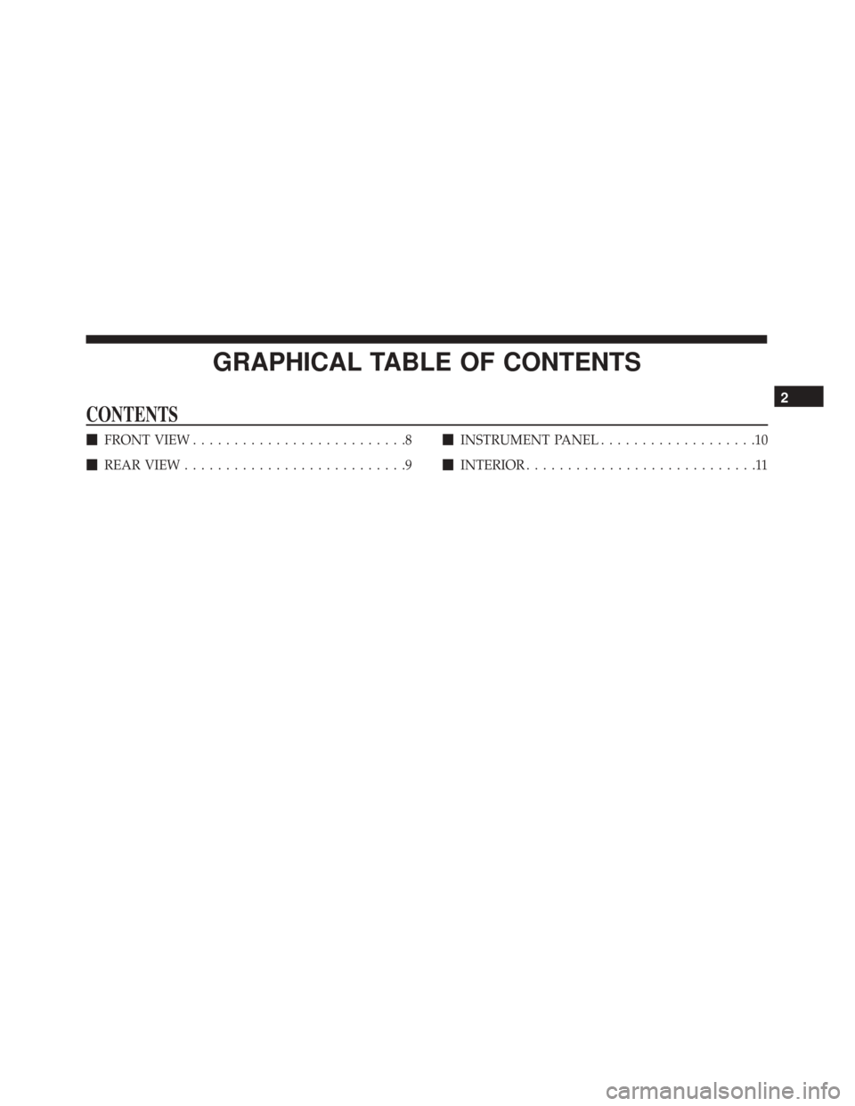 Alfa Romeo 4C 2018  Owners Manual GRAPHICAL TABLE OF CONTENTS
CONTENTS
FRONT VIEW ..........................8
 REAR VIEW ...........................9 
INSTRUMENT PANEL ...................10
 INTERIOR ............................11