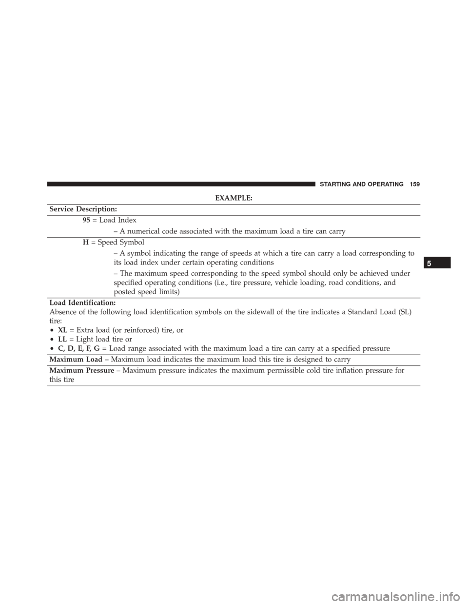 Alfa Romeo 4C 2017 User Guide EXAMPLE:
Service Description: 95= Load Index
– A numerical code associated with the maximum load a tire can carry
H = Speed Symbol
– A symbol indicating the range of speeds at which a tire can car