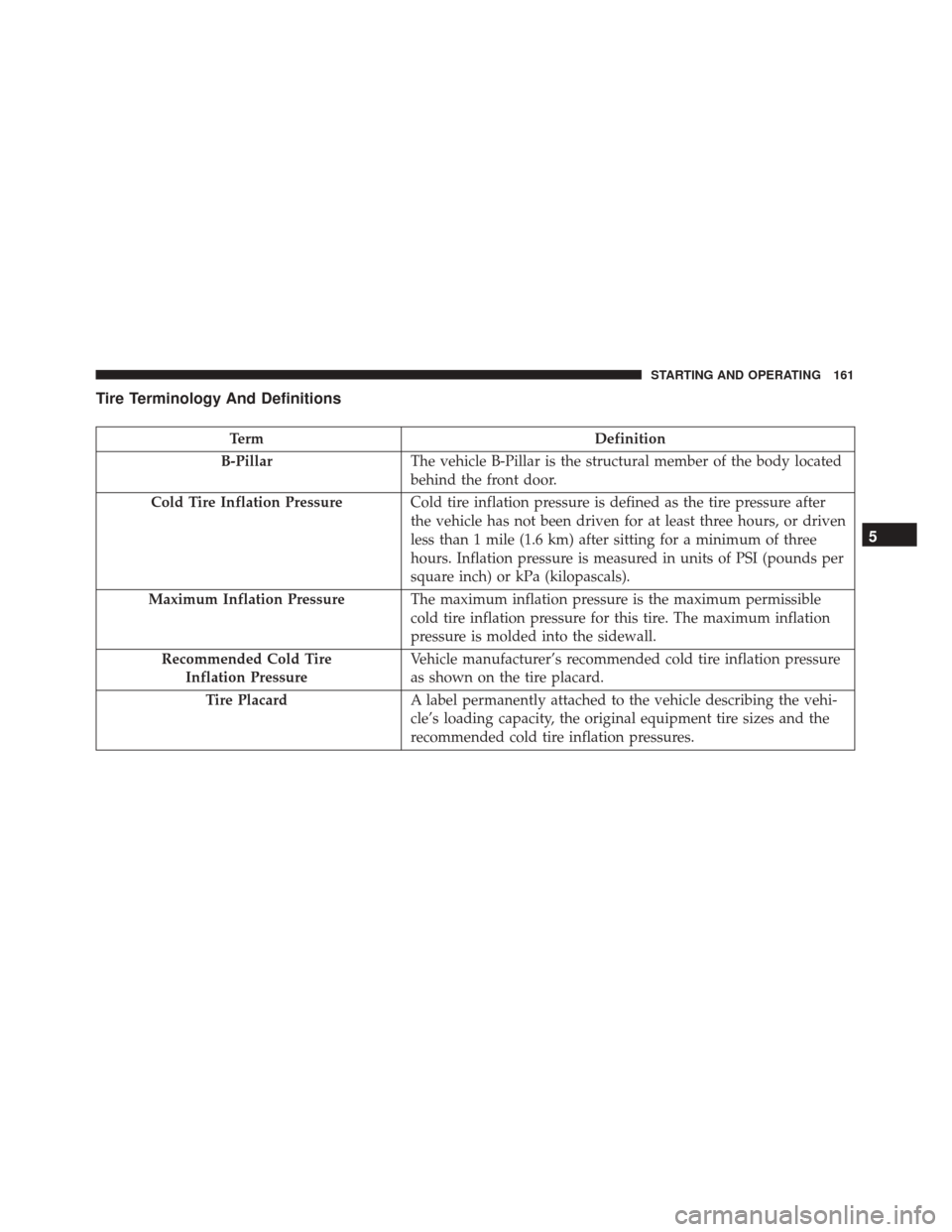 Alfa Romeo 4C 2017  Owners Manual Tire Terminology And Definitions
TermDefinition
B-Pillar The vehicle B-Pillar is the structural member of the body located
behind the front door.
Cold Tire Inflation Pressure Cold tire inflation press