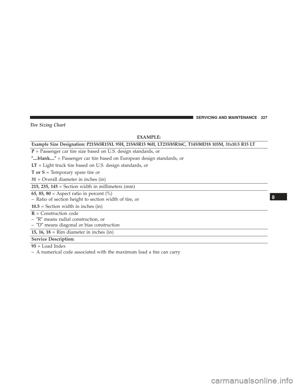 Alfa Romeo 4C Spider 2019  Owners Manual Tire Sizing Chart
EXAMPLE:
Example Size Designation: P215/65R15XL 95H, 215/65R15 96H, LT235/85R16C, T145/80D18 103M, 31x10.5 R15 LT
P= Passenger car tire size based on U.S. design standards, or
....b