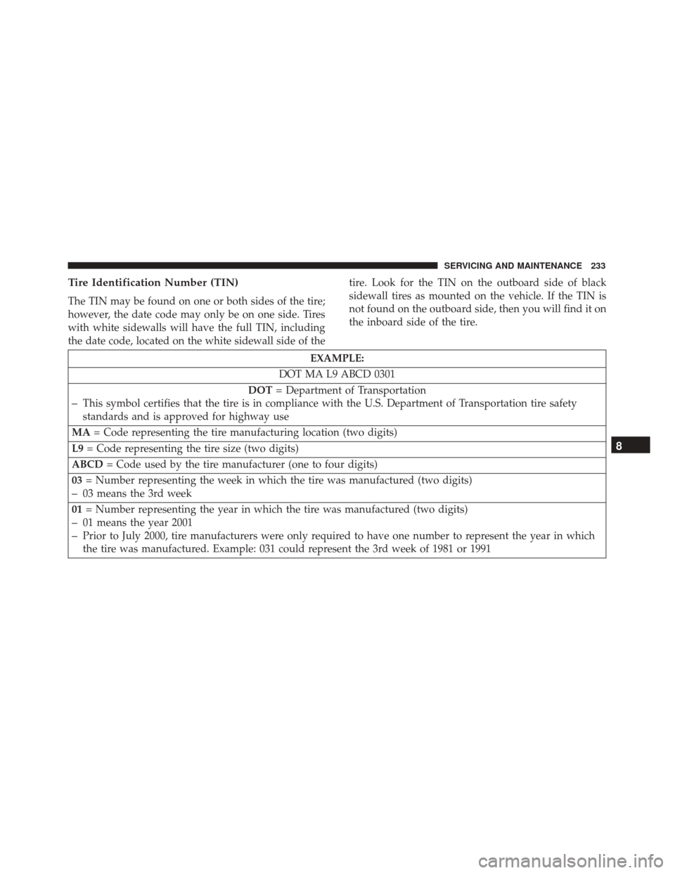 Alfa Romeo 4C Spider 2018  Owners Manual Tire Identification Number (TIN)
The TIN may be found on one or both sides of the tire;
however, the date code may only be on one side. Tires
with white sidewalls will have the full TIN, including
the