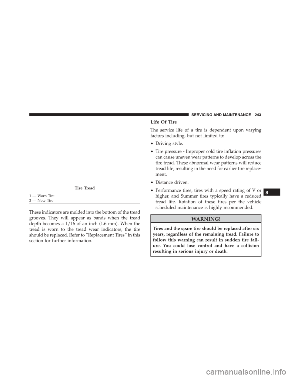 Alfa Romeo 4C Spider 2018 Owners Manual These indicators are molded into the bottom of the tread
grooves. They will appear as bands when the tread
depth becomes a 1/16 of an inch (1.6 mm). When the
tread is worn to the tread wear indicators Alfa Romeo 4C Spider 2018 Owners Manual These indicators are molded into the bottom of the tread
grooves. They will appear as bands when the tread
depth becomes a 1/16 of an inch (1.6 mm). When the
tread is worn to the tread wear indicators