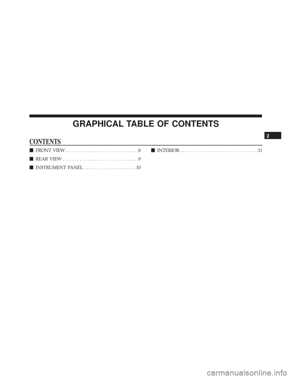 Alfa Romeo 4C Spider 2018  Owners Manual GRAPHICAL TABLE OF CONTENTS
CONTENTS
FRONT VIEW ..........................8
 REAR VIEW ...........................9
 INSTRUMENT PANEL ...................10 
INTERIOR ............................11