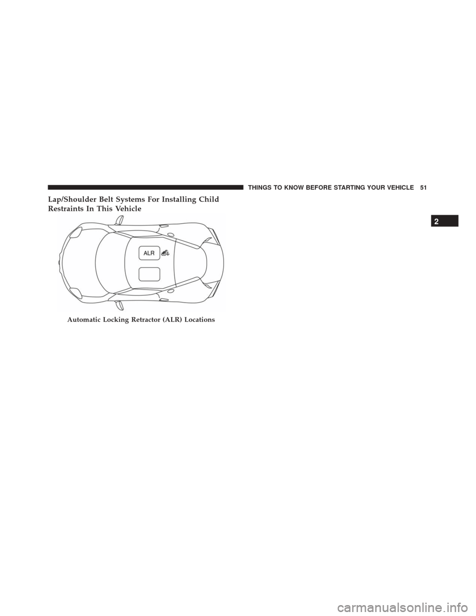 Alfa Romeo 4C Spider 2017 Workshop Manual Lap/Shoulder Belt Systems For Installing Child
Restraints In This Vehicle
Automatic Locking Retractor (ALR) Locations
2
THINGS TO KNOW BEFORE STARTING YOUR VEHICLE 51 Alfa Romeo 4C Spider 2017 Workshop Manual Lap/Shoulder Belt Systems For Installing Child
Restraints In This Vehicle
Automatic Locking Retractor (ALR) Locations
2
THINGS TO KNOW BEFORE STARTING YOUR VEHICLE 51