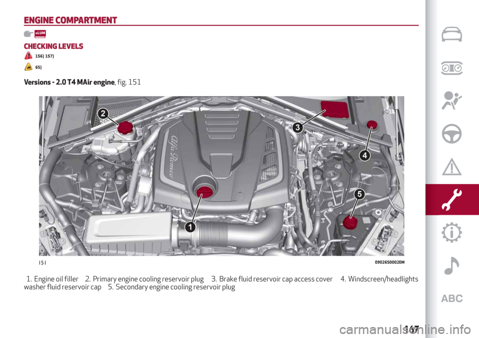 Alfa Romeo Giulia 2019 Owners Manual ENGINE COMPARTMENT
CHECKING LEVELS
156) 157)
65)
Versions - 2.0 T4 MAir engine, fig. 151
1. Engine oil filler 2. Primary engine cooling reservoir plug 3. Brake fluid reservoir cap access cover 4. Wind Alfa Romeo Giulia 2019 Owners Manual ENGINE COMPARTMENT
CHECKING LEVELS
156) 157)
65)
Versions - 2.0 T4 MAir engine, fig. 151
1. Engine oil filler 2. Primary engine cooling reservoir plug 3. Brake fluid reservoir cap access cover 4. Wind