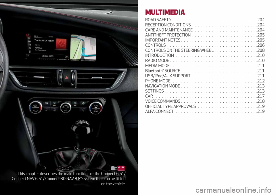 Alfa Romeo Giulia 2019  Owners Manual This chapter describes the main functions of the Connect 6.5” /
Connect NAV 6.5” / Connect 3D NAV 8.8” system that can be fitted
on the vehicle.
MULTIMEDIA
ROAD SAFETY...........................
