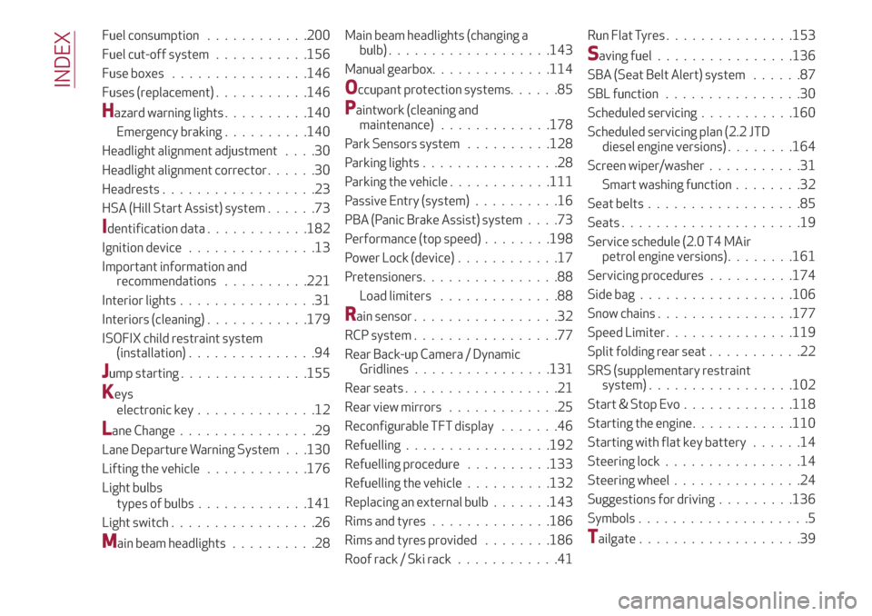 Alfa Romeo Giulia 2019  Owners Manual Fuel consumption............200
Fuel cut-off system...........156
Fuse boxes................146
Fuses (replacement)...........146
Hazard warning lights..........140
Emergency braking..........140
Head