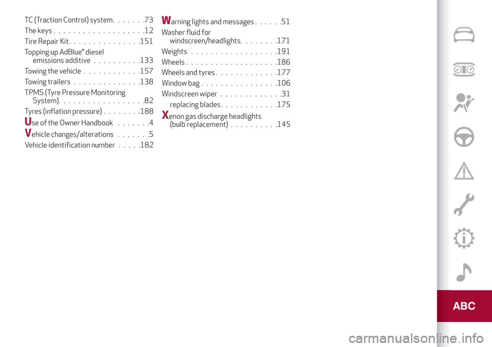 Alfa Romeo Giulia 2019  Owners Manual TC (Traction Control) system.......73
The keys . ..................12
Tire Repair Kit...............151
Topping up AdBlue® diesel
emissions additive..........133
Towing the vehicle............157
Tow
