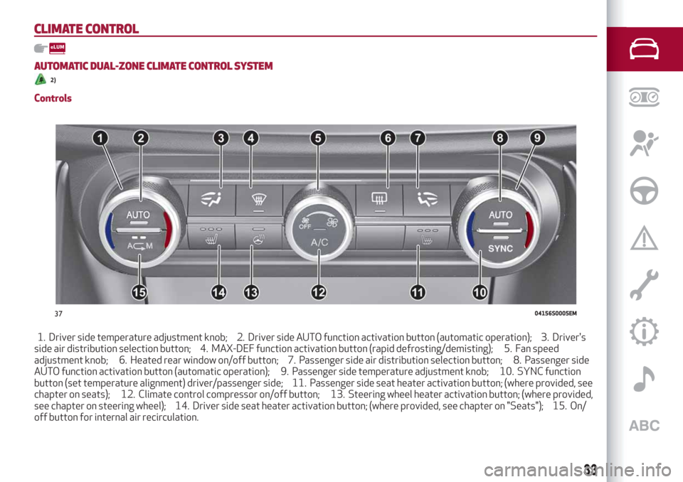 Alfa Romeo Giulia 2019 Owners Manual CLIMATE CONTROL
AUTOMATIC DUAL-ZONE CLIMATE CONTROLSYSTEM
2)
Controls
1. Driver side temperature adjustment knob; 2. Driver side AUTO function activation button (automatic operation); 3. Drivers
side Alfa Romeo Giulia 2019 Owners Manual CLIMATE CONTROL
AUTOMATIC DUAL-ZONE CLIMATE CONTROLSYSTEM
2)
Controls
1. Driver side temperature adjustment knob; 2. Driver side AUTO function activation button (automatic operation); 3. Drivers
side