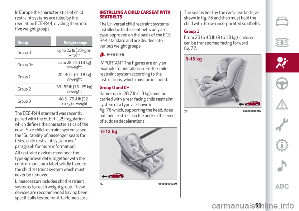 Alfa Romeo Giulia 2019 Owners Manual In Europe the characteristics of child
restraint systems are ruled by the
regulation ECE-R44, dividing them into
five weight groups:
Group Weight range
Group 0up to 22 lb (10 kg) in
weight
Group 0+up Alfa Romeo Giulia 2019 Owners Manual In Europe the characteristics of child
restraint systems are ruled by the
regulation ECE-R44, dividing them into
five weight groups:
Group Weight range
Group 0up to 22 lb (10 kg) in
weight
Group 0+up