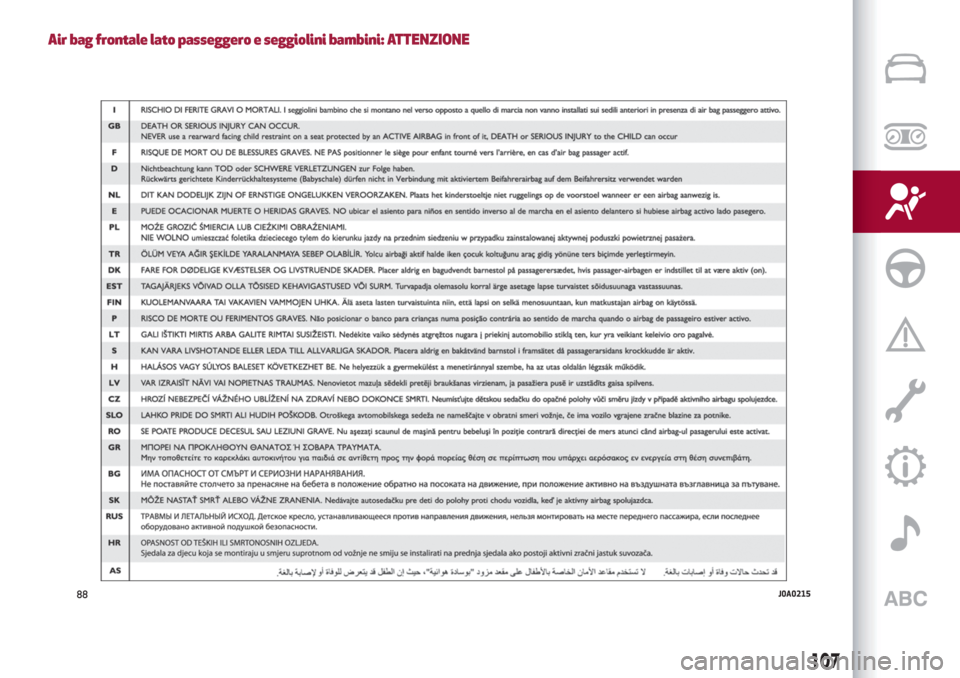 Alfa Romeo Giulia 2019 Manuale del proprietario (in Italian) Air bag frontale lato passeggero e seggiolini bambini: ATTENZIONE
88J0A0215
107 Alfa Romeo Giulia 2019 Manuale del proprietario (in Italian) Air bag frontale lato passeggero e seggiolini bambini: ATTENZIONE
88J0A0215
107