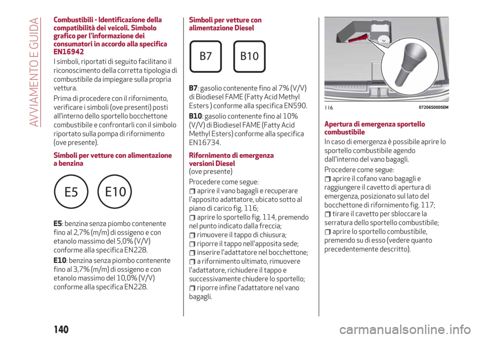 Alfa Romeo Giulia 2019  Manuale del proprietario (in Italian) Combustibili - Identificazione della
compatibilità dei veicoli. Simbolo
grafico per linformazione dei
consumatori in accordo alla specifica
EN16942
I simboli, riportati di seguito facilitano il
rico