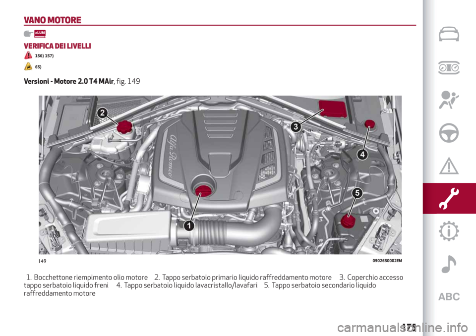 Alfa Romeo Giulia 2019  Manuale del proprietario (in Italian) VANO MOTORE
VERIFICA DEI LIVELLI
156) 157)
65)
Versioni - Motore 2.0 T4 MAir, fig. 149
1. Bocchettone riempimento olio motore 2. Tappo serbatoio primario liquido raffreddamento motore 3. Coperchio acc