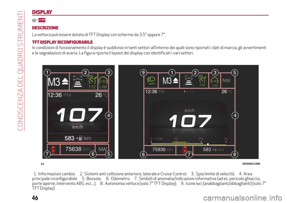 Alfa Romeo Giulia 2019 Manuale del proprietario (in Italian) DISPLAY
DESCRIZIONE
La vettura può essere dotata di TFT Display con schermo da 3.5” oppure 7”.
TFT DISPLAY RICONFIGURABILE
In condizioni di funzionamento il display è suddiviso in tanti settori Alfa Romeo Giulia 2019 Manuale del proprietario (in Italian) DISPLAY
DESCRIZIONE
La vettura può essere dotata di TFT Display con schermo da 3.5” oppure 7”.
TFT DISPLAY RICONFIGURABILE
In condizioni di funzionamento il display è suddiviso in tanti settori
