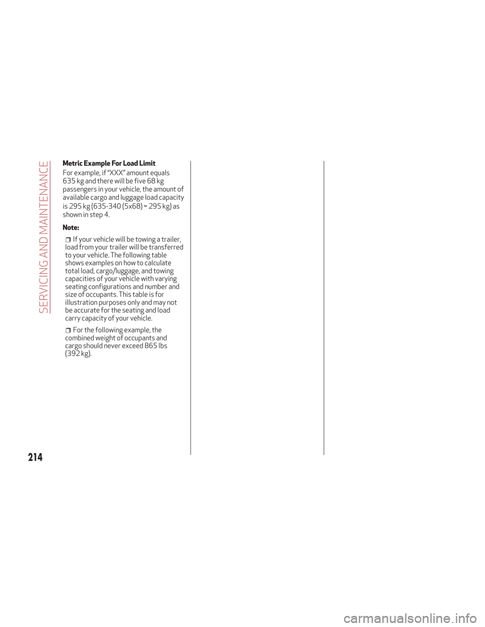 Alfa Romeo Giulia 2018 Owners Manual Metric Example For Load Limit
For example, if “XXX” amount equals
635 kg and there will be five 68 kg
passengers in your vehicle, the amount of
available cargo and luggage load capacity
is 295 kg Alfa Romeo Giulia 2018 Owners Manual Metric Example For Load Limit
For example, if “XXX” amount equals
635 kg and there will be five 68 kg
passengers in your vehicle, the amount of
available cargo and luggage load capacity
is 295 kg