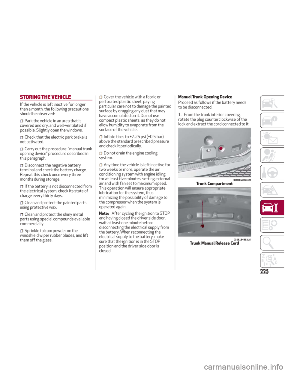 Alfa Romeo Giulia 2018 Owners Manual STORING THE VEHICLE
If the vehicle is left inactive for longer
than a month, the following precautions
should be observed:
Park the vehicle in an area that is
covered and dry, and well-ventilated if
p Alfa Romeo Giulia 2018 Owners Manual STORING THE VEHICLE
If the vehicle is left inactive for longer
than a month, the following precautions
should be observed:
Park the vehicle in an area that is
covered and dry, and well-ventilated if
p
