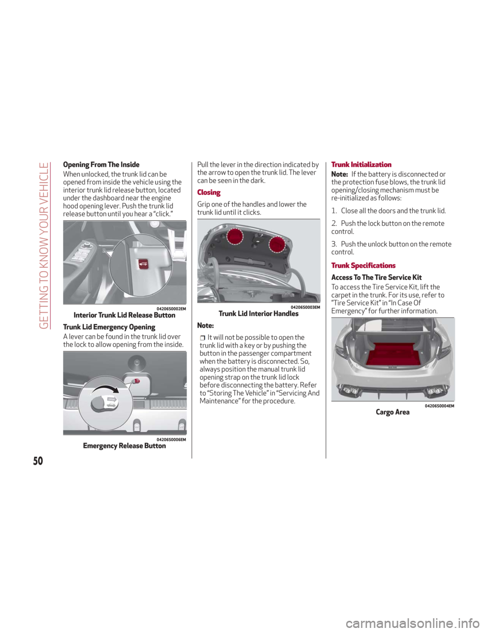 Alfa Romeo Giulia 2018 Owners Guide Opening From The Inside
When unlocked, the trunk lid can be
opened from inside the vehicle using the
interior trunk lid release button, located
under the dashboard near the engine
hood opening lever. 