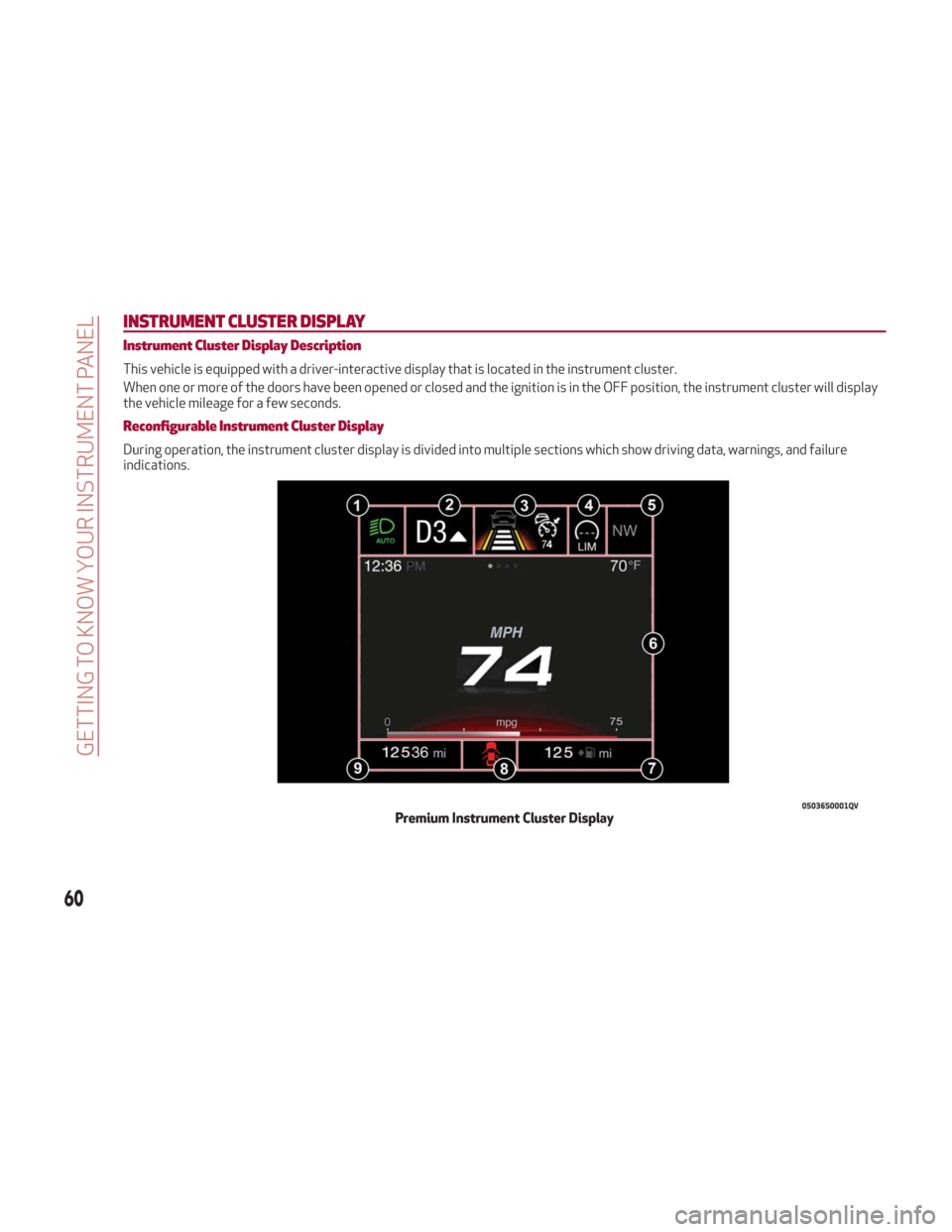Alfa Romeo Giulia 2018 Repair Manual INSTRUMENT CLUSTER DISPLAY
Instrument Cluster Display Description
This vehicle is equipped with a driver-interactive display that is located in the instrument cluster.
When one or more of the doors ha