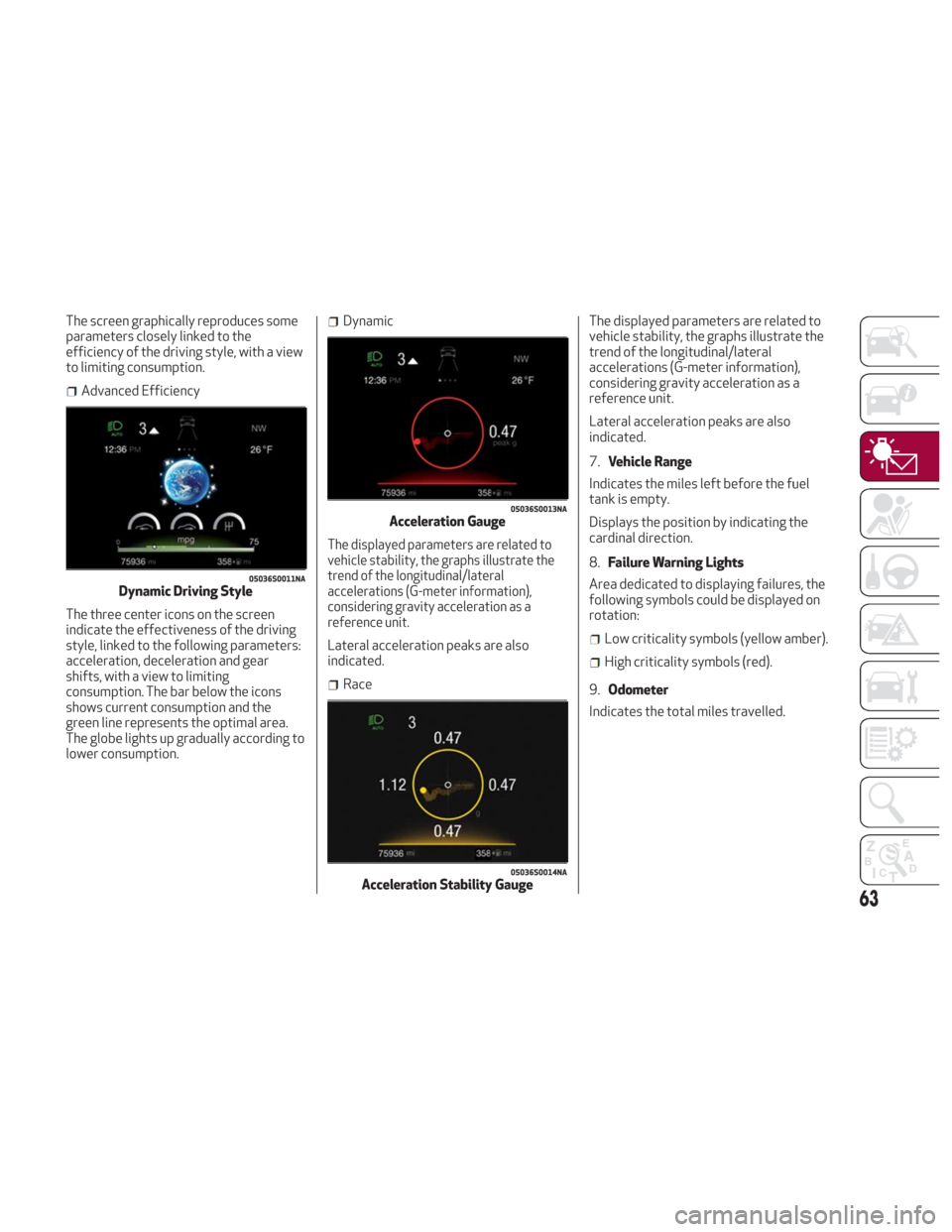 Alfa Romeo Giulia 2018 Repair Manual The screen graphically reproduces some
parameters closely linked to the
efficiency of the driving style, with a view
to limiting consumption.
Advanced Efficiency
The three center icons on the screen
i