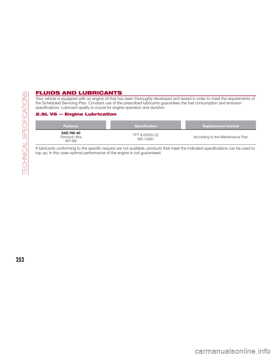 Alfa Romeo Giulia 2017  Owners Manual FLUIDS AND LUBRICANTS
Your vehicle is equipped with an engine oil that has been thoroughly developed and tested in order to meet the requirements of
the Scheduled Servicing Plan. Constant use of the p