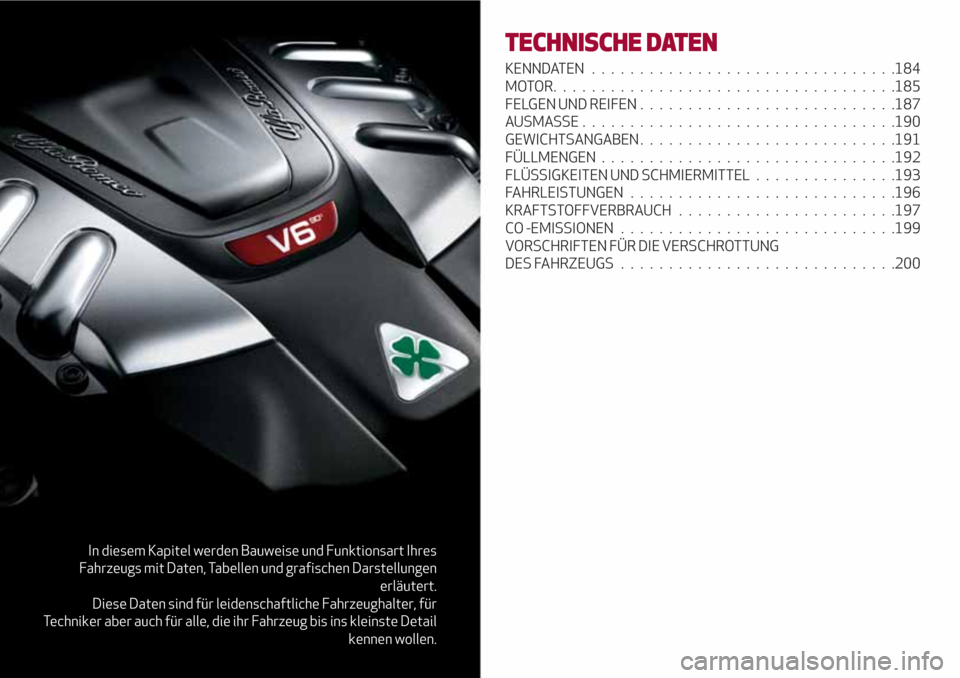Alfa Romeo Giulia 2017 Betriebsanleitung (in German) In diesem Kapitel werden Bauweise und Funktionsart Ihres
Fahrzeugs mit Daten, Tabellen und grafischen Darstellungen
erläutert.
Diese Daten sind für leidenschaftliche Fahrzeughalter, für
Techniker a Alfa Romeo Giulia 2017 Betriebsanleitung (in German) In diesem Kapitel werden Bauweise und Funktionsart Ihres
Fahrzeugs mit Daten, Tabellen und grafischen Darstellungen
erläutert.
Diese Daten sind für leidenschaftliche Fahrzeughalter, für
Techniker a