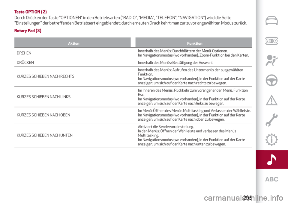Alfa Romeo Giulia 2017  Betriebsanleitung (in German) Taste OPTION (2)
Durch Drücken der Taste "OPTIONEN" in den Betriebsarten ("RADIO", "MEDIA", "TELEFON", "NAVIGATION") wird die Seite
"Einstellungen" der betreffenden Betriebsart eingeblendet; durch er