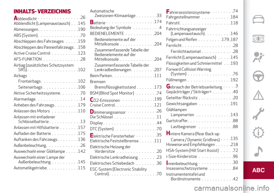Alfa Romeo Giulia 2017  Betriebsanleitung (in German) INHALTS- VERZEICHNIS
Abblendlicht................26
Abblendlicht (Lampenaustausch) . . .145
Abmessungen...............190
ABS (System)................70
Abschleppen des Fahrzeuges.....159
Abschleppen 