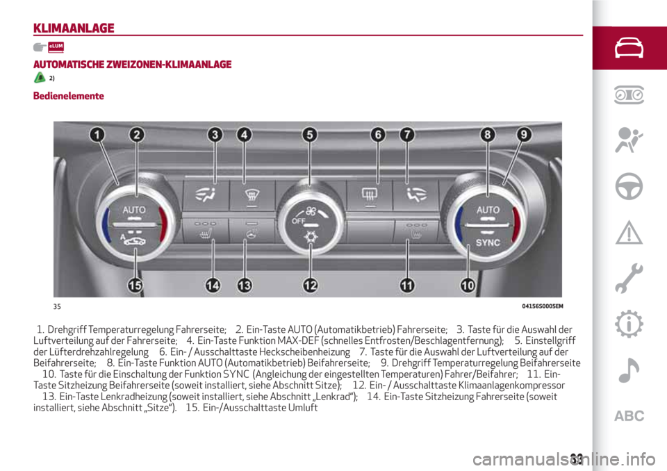 Alfa Romeo Giulia 2017  Betriebsanleitung (in German) KLIMAANLAGE
AUTOMATISCHE ZWEIZONEN-KLIMAANLAGE
2)
Bedienelemente
1. Drehgriff Temperaturregelung Fahrerseite; 2. Ein-Taste AUTO (Automatikbetrieb) Fahrerseite; 3. Taste für die Auswahl der
Luftvertei