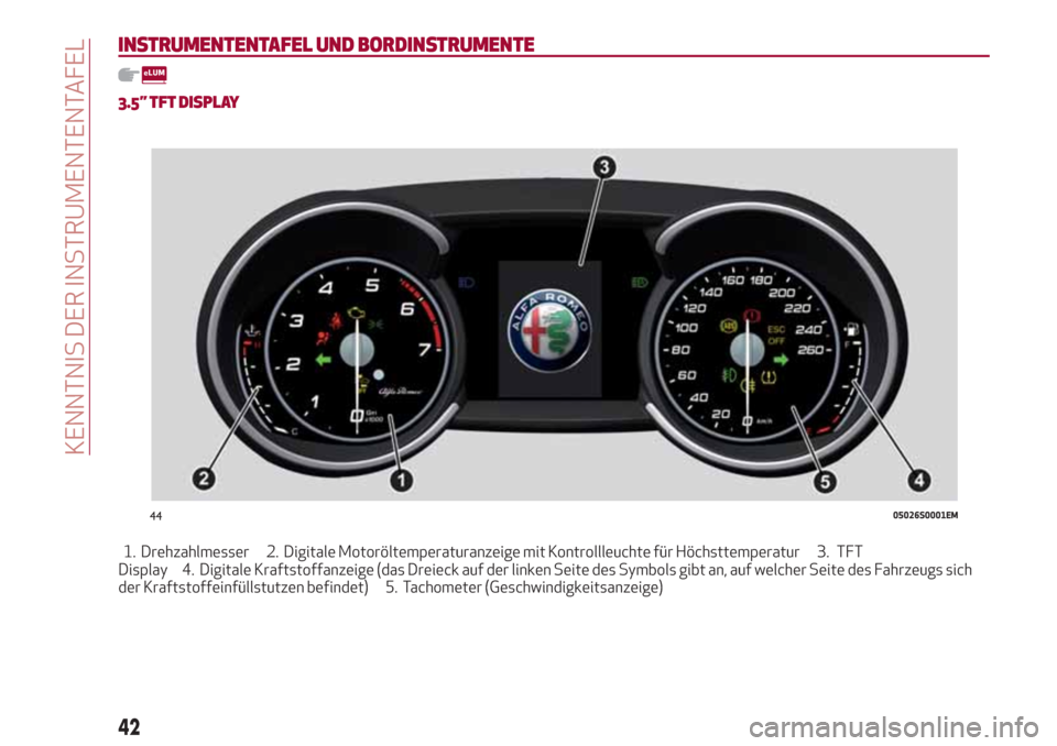 Alfa Romeo Giulia 2017 Betriebsanleitung (in German) INSTRUMENTENTAFEL UND BORDINSTRUMENTE
3.5” TFT DISPLAY
1. Drehzahlmesser 2. Digitale Motoröltemperaturanzeige mit Kontrollleuchte für Höchsttemperatur 3. TFT
Display 4. Digitale Kraftstoffanzeige Alfa Romeo Giulia 2017 Betriebsanleitung (in German) INSTRUMENTENTAFEL UND BORDINSTRUMENTE
3.5” TFT DISPLAY
1. Drehzahlmesser 2. Digitale Motoröltemperaturanzeige mit Kontrollleuchte für Höchsttemperatur 3. TFT
Display 4. Digitale Kraftstoffanzeige